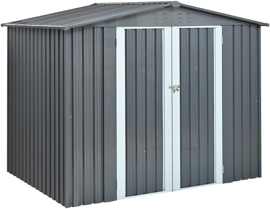 Outdoor Metal Storage Shed 6×8 ft with Lockable Double Doors, Weather-Resistant Galvanized Steel Garden Tool Shed for Backyard Patio Lawn