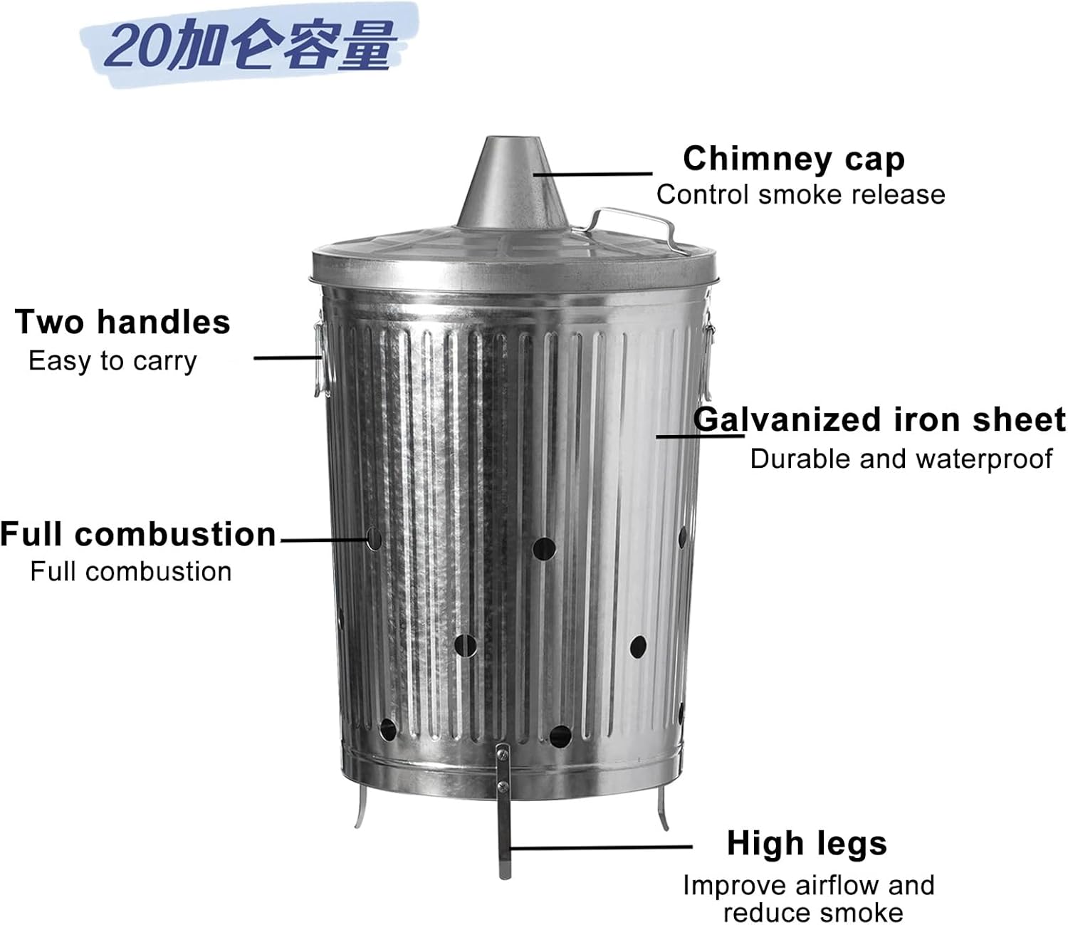 Galvanized Trash Can, Burn Barrel, Burn Pits for Backyard, Fire Pit, for Paper Leaf Paper Trash Wood Backyard Bonfire(White)