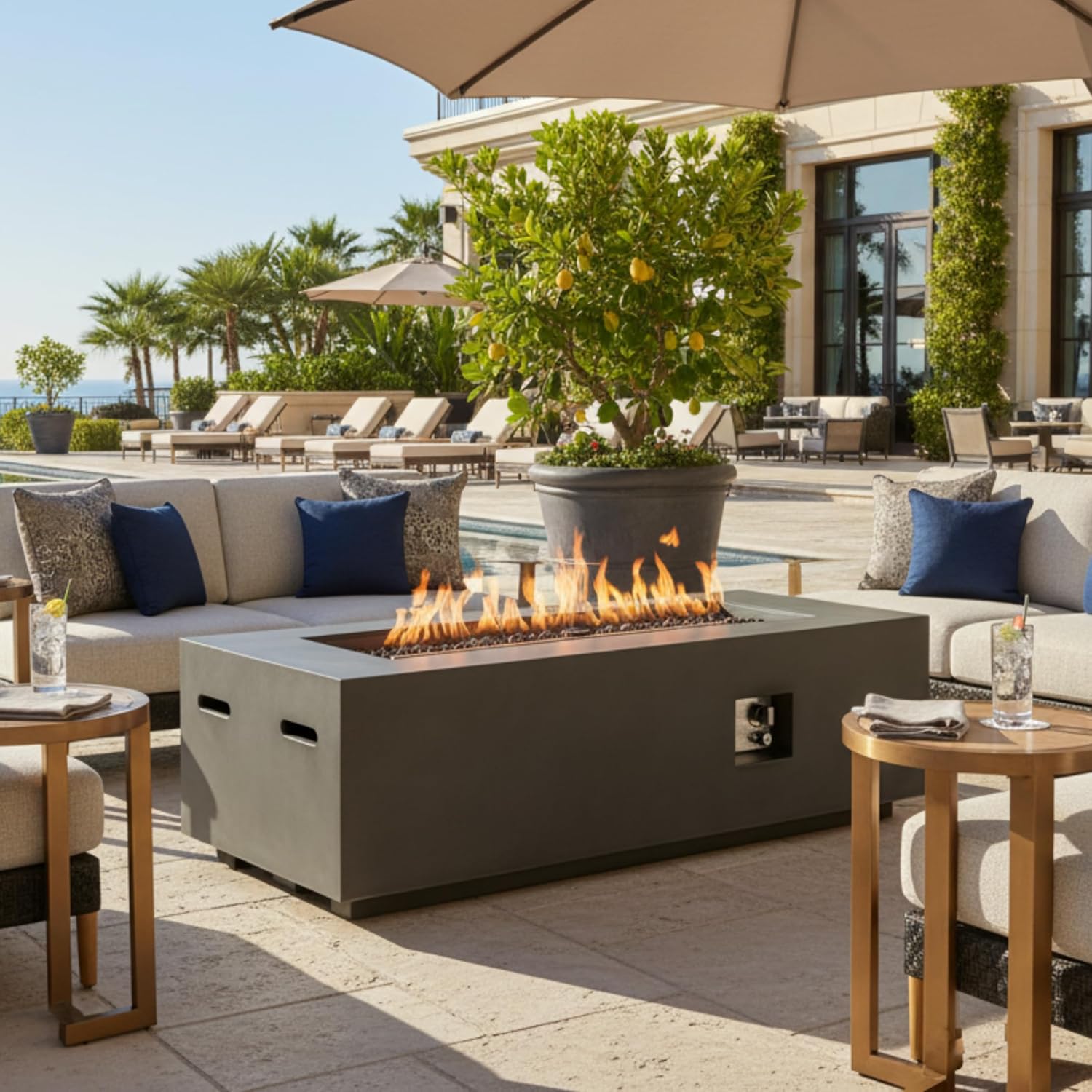 GOWE Outdoor Rectangle Propane Fire Pit Table 60inch, 60,000 BTU Concrete Fire Table with Waterproof Cover, Auto-Ignition, Free Lava Rocks,