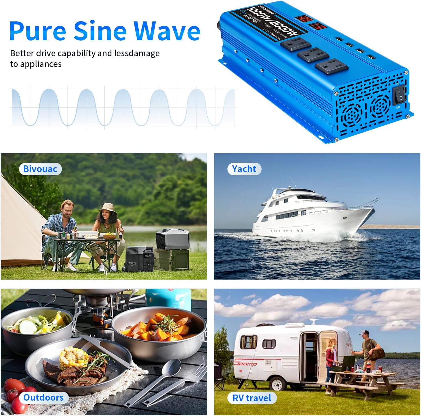 1000W Pure Sine Wave Inverter DC 12V to AC 110V/120V Converter 2000w (Peak) Car Power Converter with 3 AC Outlets, 4USB Port,Power Inverter for Car, Truck, Home, Vehicles, Laptop