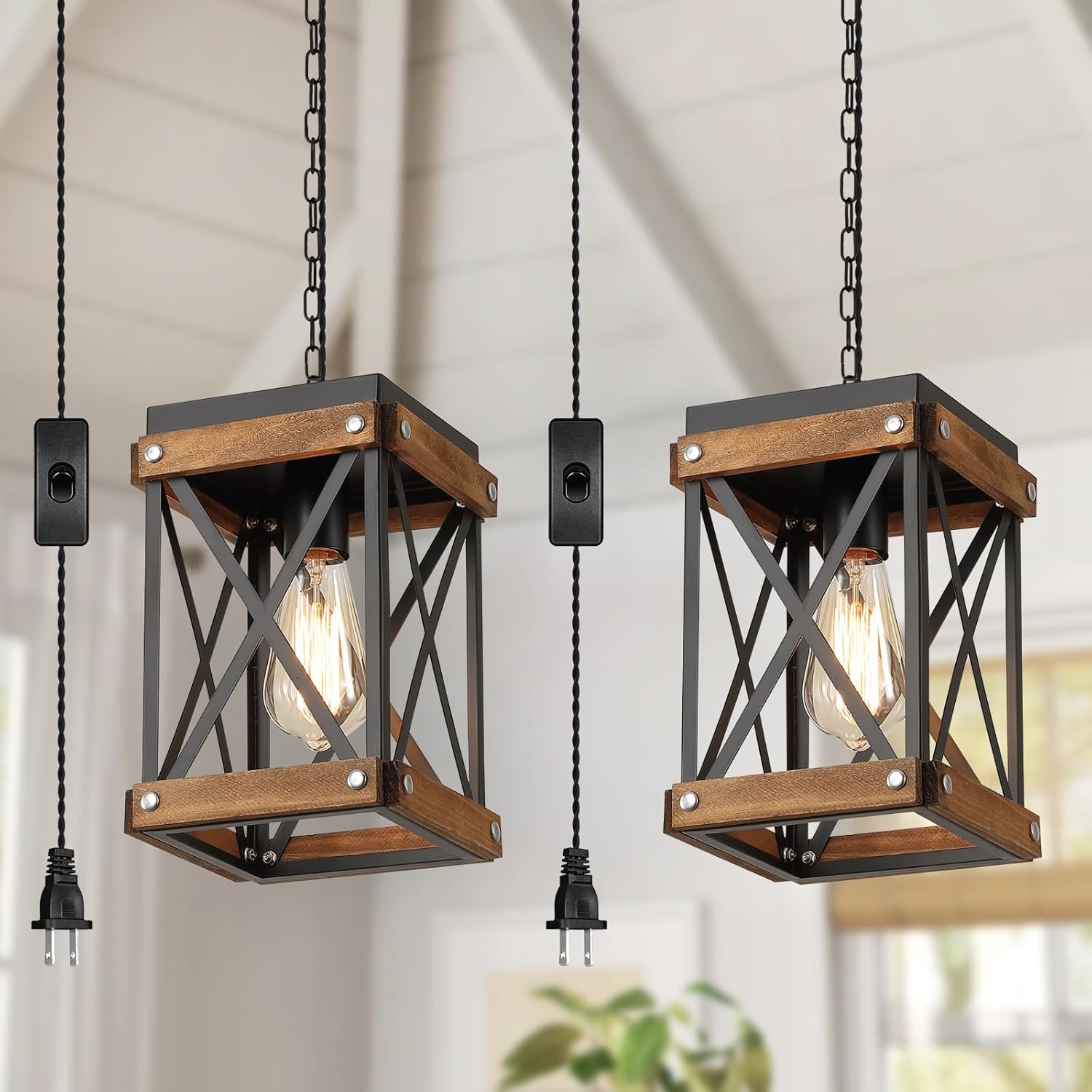 2 Pack Rustic Farmhouse Plug in Pendant Light Fixture with Adjustable Chain, Oak Wood and Metal Lantern Cage Mini Hanging Lamp for Kitchen Island Living Room Hallway Farmhouse Bar, Black