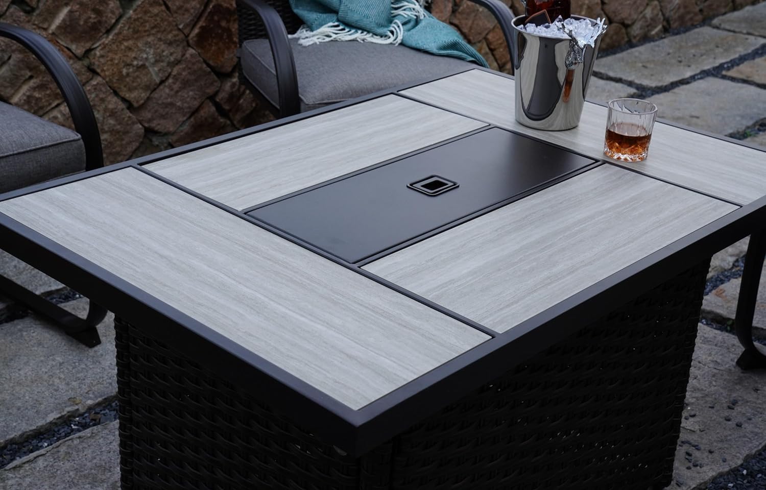 Fangflower Fire Pit Table 43 Inch, 50,000 BTU Outdoor Stainless Steel Propane Firepit with Lid/Lava Rock/Adjustable Flame for Patio, Garden, Backyard,Square, Black