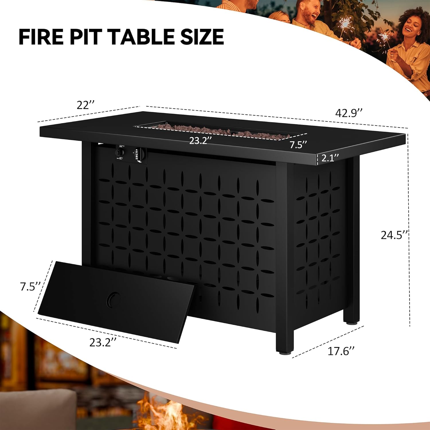 Vongrasig 43 Inch Propane Fire Pit, Outdoor Gas Fire Pit Table with Lid, Lava Rock, 50,000 BTU 2 in 1 Rectangular Table Top Firepit for Patio, Deck, Garden, Backyard