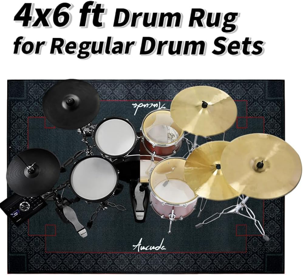 Aucuda Medal Drum Rug 4x6ft Drum Mat Outdoor, Tightly Woven Fabric Cool Drum Set Carpet with Non-Slip Grip Bottom, Electric Drum Accessories for Bedroom, Studio, Apartment, Soundproof, No Crease.