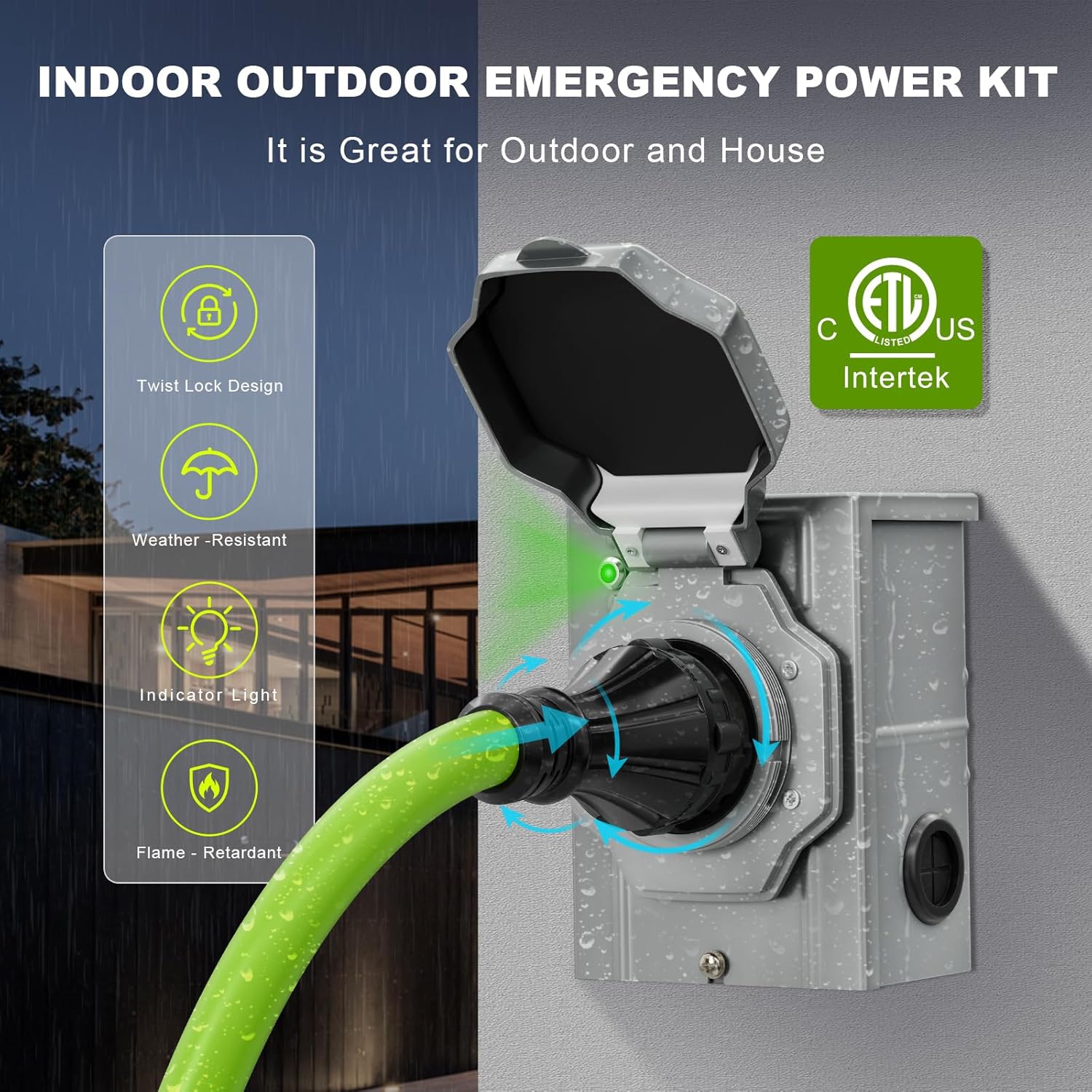 50 Amp Generator Cord and Power Inlet Box Kit, 15Feet 50A 4 Prong Heavy Duty RV Extension Cord NEMA 14-50P to SS2-50R STW 6/3+8/1 AWG Gauge Wire Cable for RV Camper & House,Pre-Drilled, ETL Listed