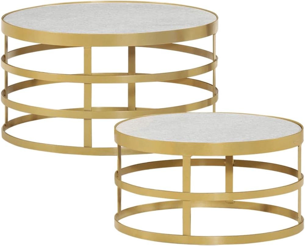 2 Piece Coffee Table Set Marble Brass and White, End Tables, Living Table, Center Tables for Living Room, Living Room Furniture for Office, Lounge, Cafe, Study, Bedroom
