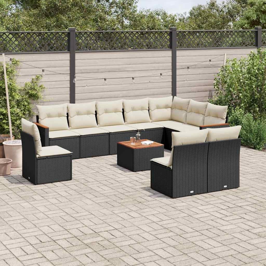 11 Piece Modular Garden Sofa Set Black Poly Rattan Large Adjustable Feet, Outdoor Furniture Patio Seating with Removable Cushions and Integrated Storage, Durable Acacia Wood