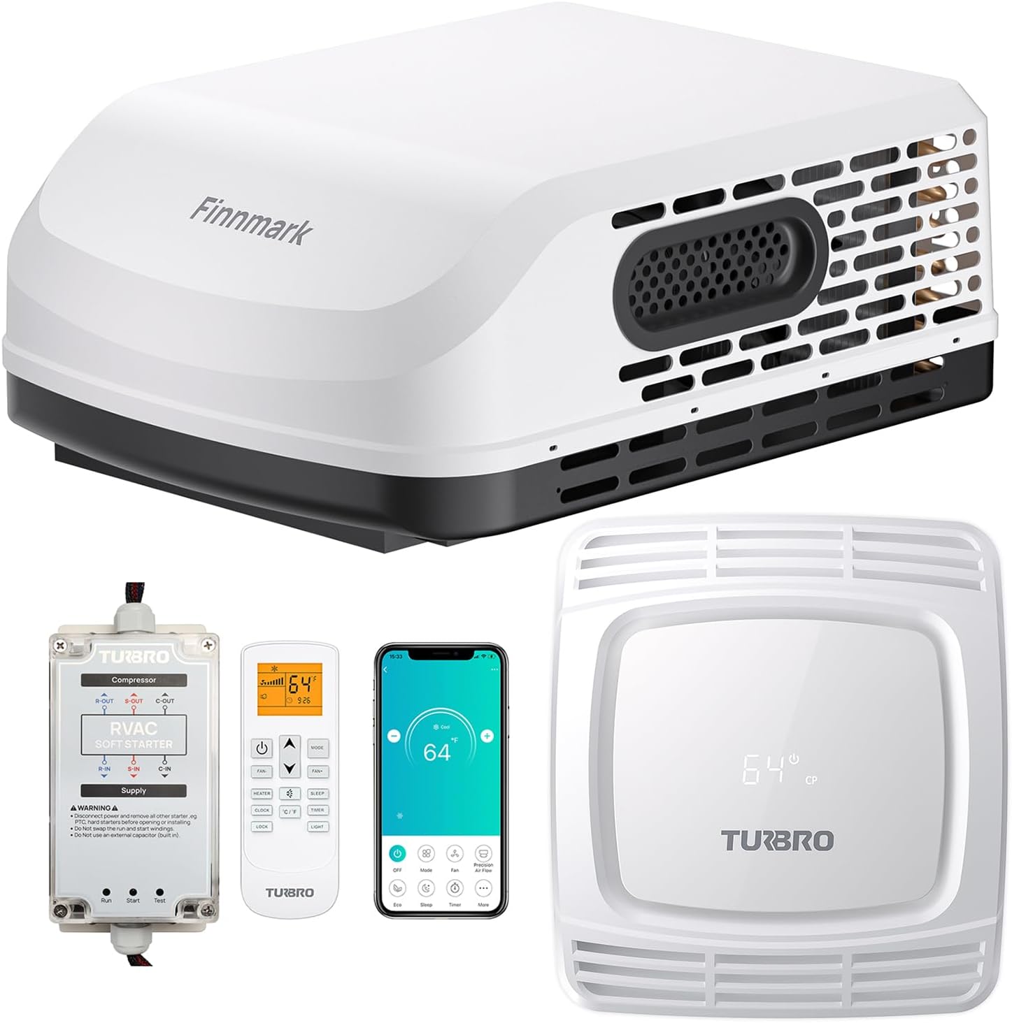 TURBRO Finnmark 15K BTU RV AC with Soft Start Kit - Cooling & Heating, WiFi Remote, LED Decoration Light, Low-Power Startup, 100-240V, Non-Ducted, White