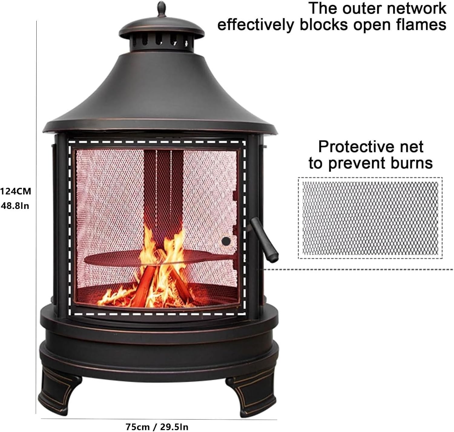 2-in-1 Outdoor Fire Pit with Grill, Black, Round, Metal, Wood