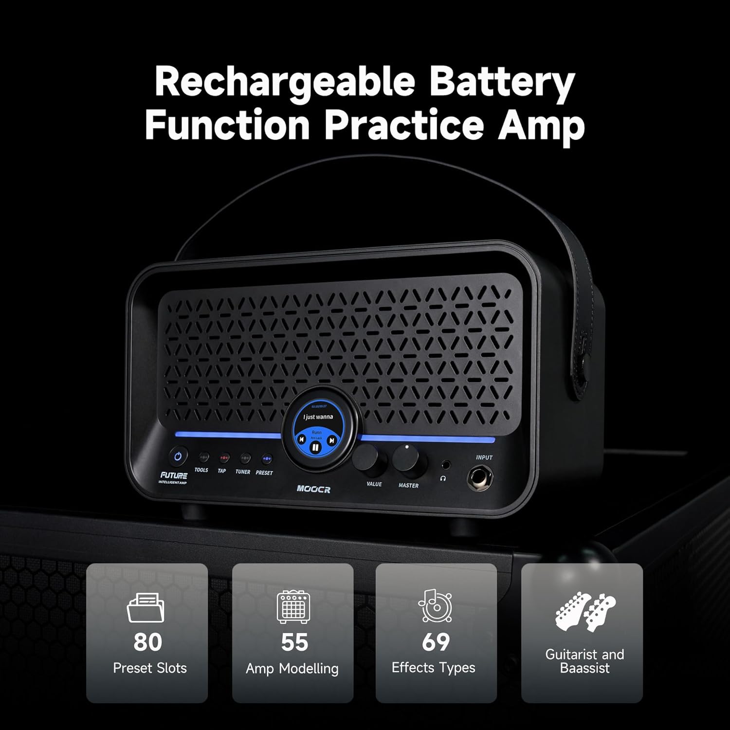 MOOER F15i AI Smart Guitar Amp Touch Screen 15W With Effects Application, 6 Hours Playtime, 55 Amp Models, 66 Effects Types, Loop/Drum Machine/Mod/Reverb/Delay, OTC Record For Electric Guitar And Bass