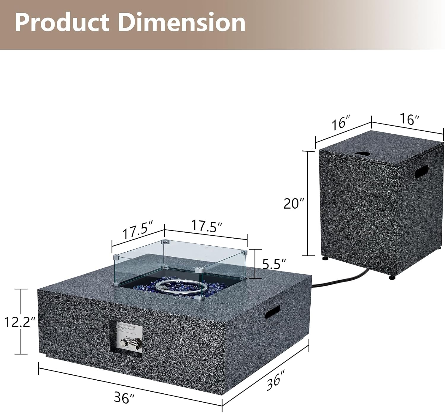 Propane Fire Pit Table 36 in w Tank Table 16 in, Square Steel Gas Firepit Coffee Table 50000 BTU, Outdoor Firepit Table Set w Removable Lid, Transparent Wind Guard, Blue Glass Rocks & Rain Cover