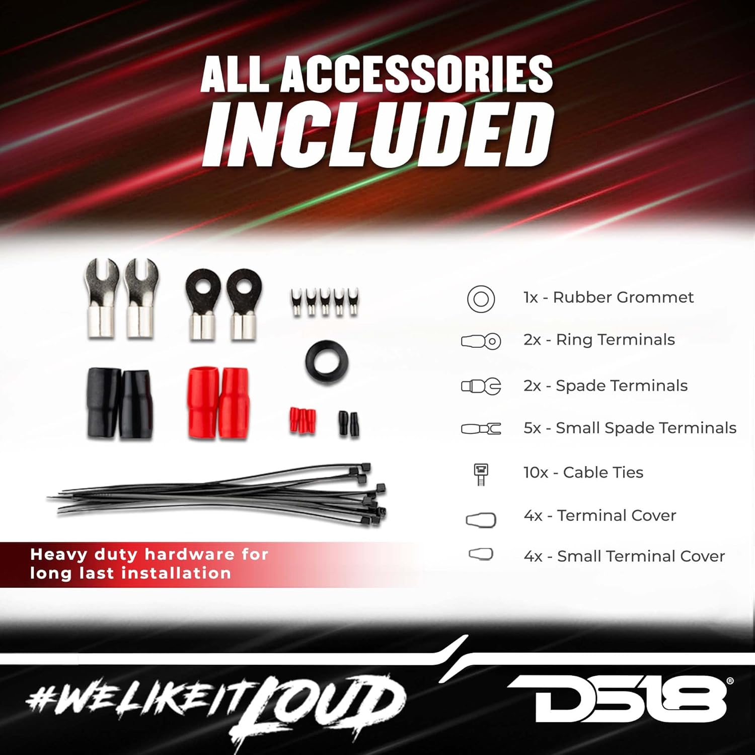 DS18 AMPKIT0 0 Gauge CCA Complete Amp Wiring Kit - Amplifier Install Wiring 1/0 Ga Amp Kit Pro Installation Cables Up to 3500 Watts with ANL Fuse Holder 250A