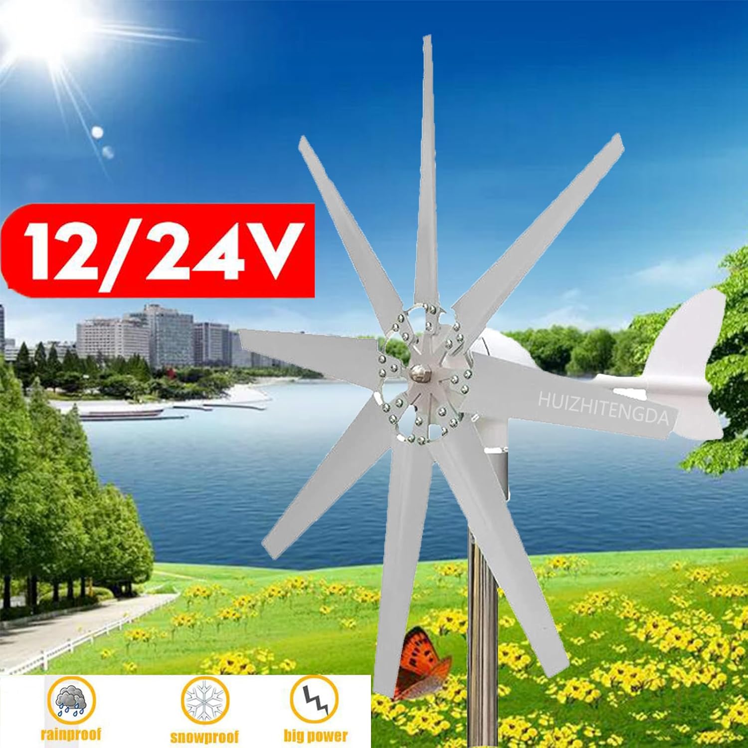 4000W-6000W Small Vertical Wind Turbine Permanent Magnet Generator, 3 Phase 12V/ 24V /48V Vertical No Noise Horizontal for Home/Camping(8 Blades)
