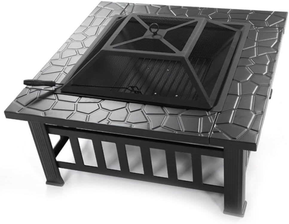 Outdoor Fire Pit Table 32 Inch Square Metal Wood Burning Outdoor Stove with Portable Design for Backyard Patio Camping Bonfire