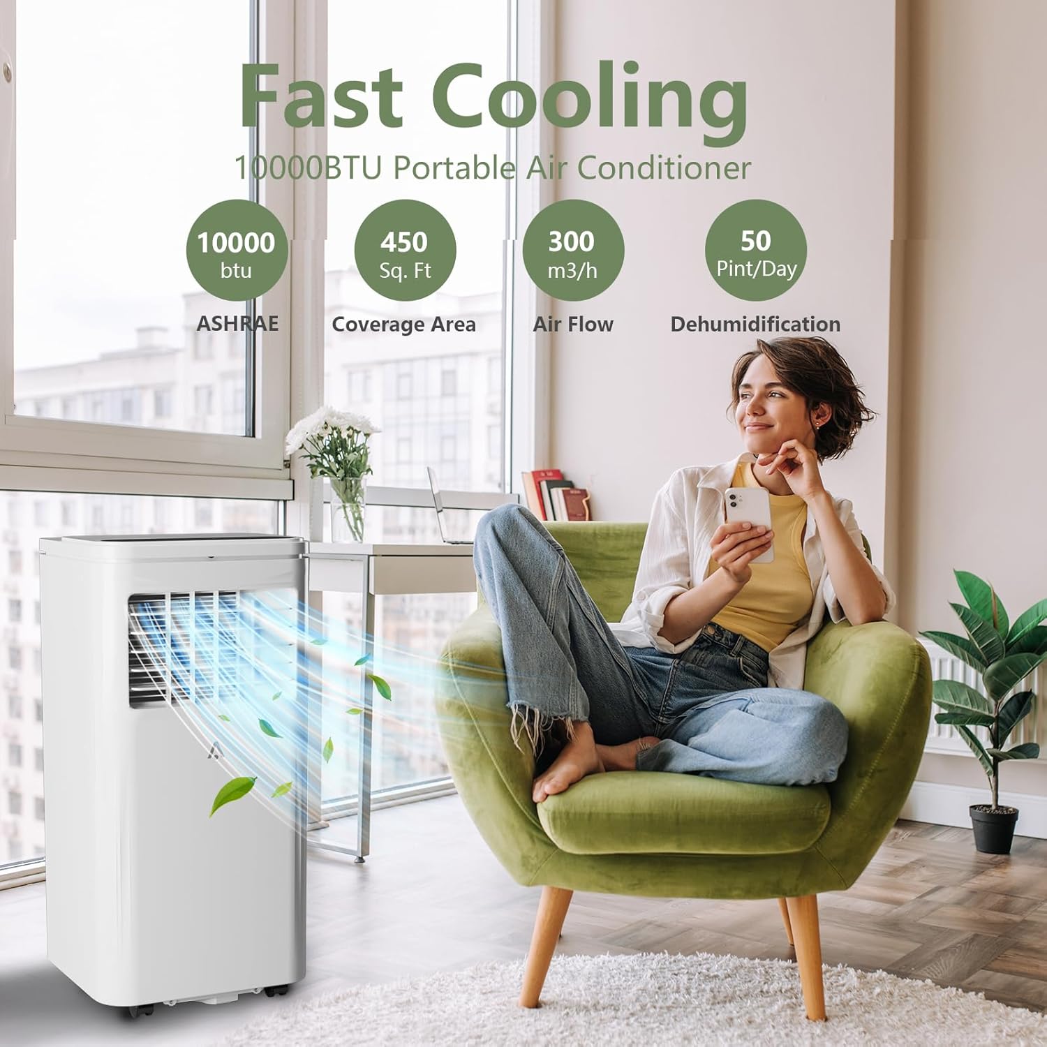 10000 BTU Portable Air Conditioners, Air Conditioner for Room Cools Up to 450 Sq.Ft with 24H Timer, Remote Control, Dehumidifier, 3-IN-1 AC Unit with Window Kit for Bedroom, Indoor Rooms, Home Office