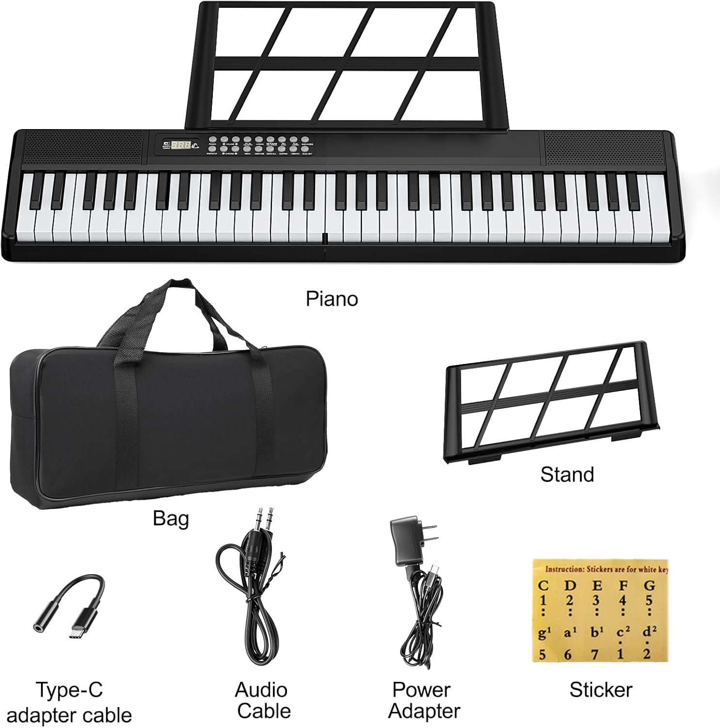 Electronic Piano Keyboard,Foldable 61 Key Digital Pianos with Power Adapter,Sheet Music Stand,Sticker,Bag,Gift for Beginners,Black