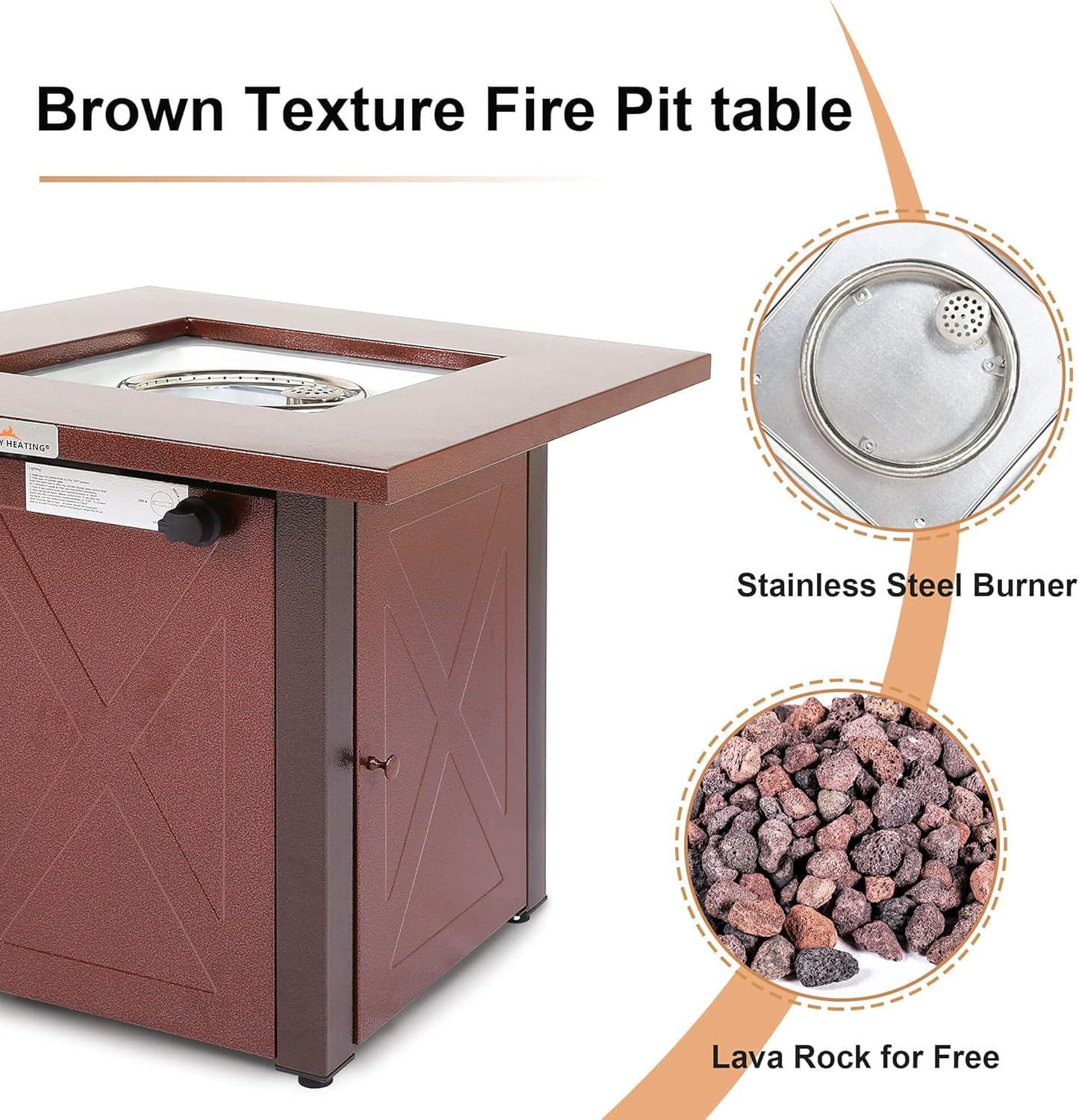 28 Inches Square Outdoor Propane Fire Pit Table – 50,000 Btu, Brown Texture, Burgundy Lid, Lava Rocks, Etl Certified – Patio, Courtyard, Balcony (1 Doors)