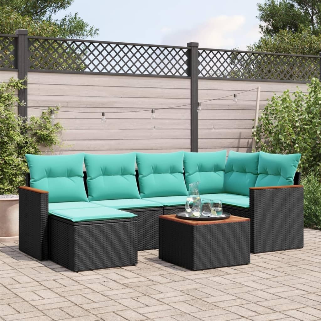 7 Piece Patio Sofa Set with Cushions Black Poly Rattan, Modular Outdoor Furniture with Removable Covers and Storage Function, Durable PE Rattan and Acacia Wood Tabletop