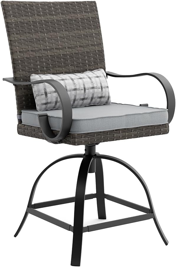 Greemotion USA Arosa Outdoor Bistro Set 3-Piece Bar Height Fire Pit Brown Wicker Rattan with Swivel Chairs and 50000 BTU Gas Firepit Table Flame Box Backyard Garden Patio, Gray and Black