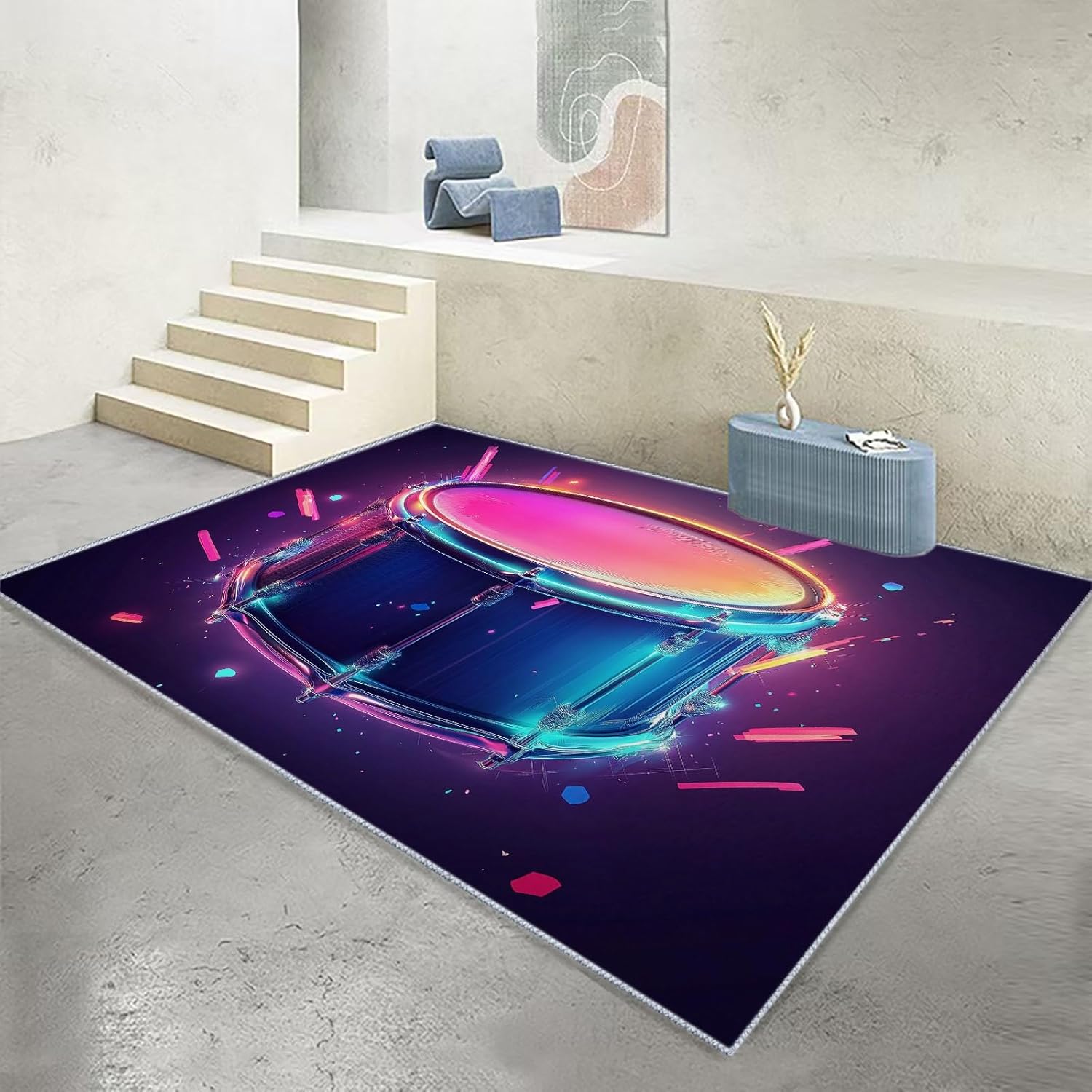 Machine Washable Area Rugs with Non-Slip Backing, Game Art Style Neon Drums Indoor Rug Low Pile Floor Carpet Music Drum for Dining Room Bedroom Dorm Office Home Decor 4x6 ft