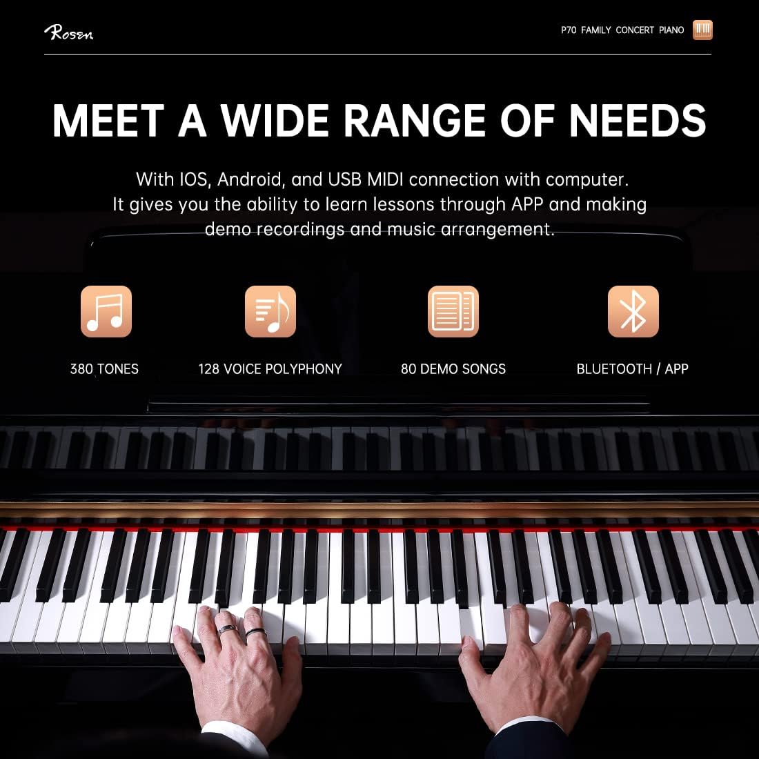 Rosen P70 Digital Piano 88 Key Home Piano Full Size Weighted Keyboard Piano with Stand Premium Upright for Beginner Professional luxury Electric Keyboard with Triple Pedal & Sliding Key Cover,Black