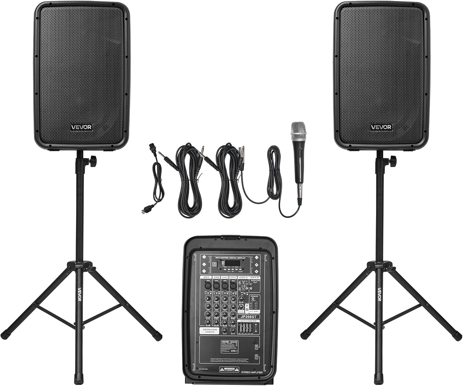 VEVOR Portable PA System with Microphone, 300W Powered, Sound System with 8 Channel Mixer, Dual 8'' Speakers, Wireless Bluetooth, Compact Stands, USB SD XLR RCA Inputs, for DJs Events Indoor &Outdoor