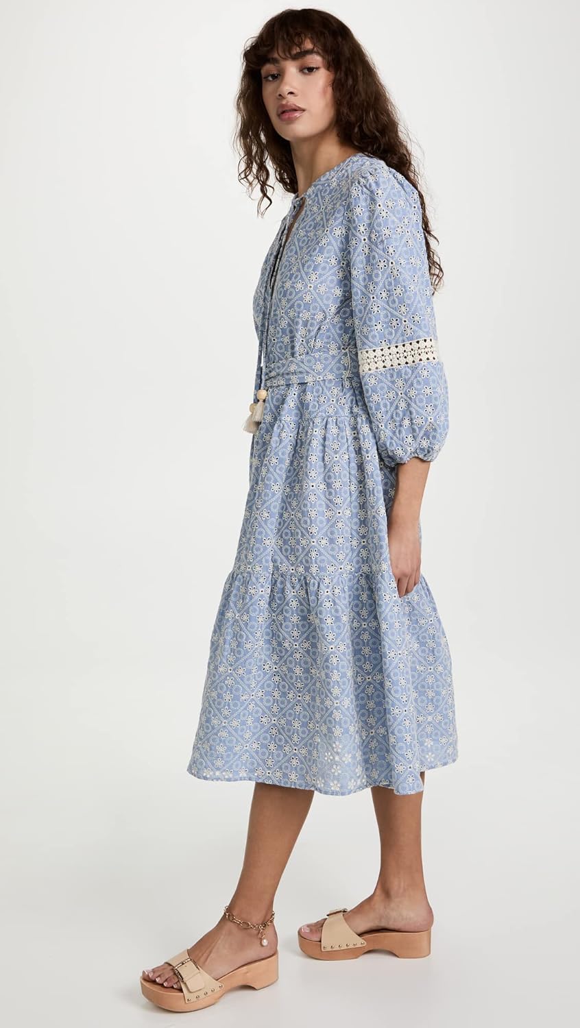 Shoshanna Womens Embroidered Chambray Umbrella Midi Dress