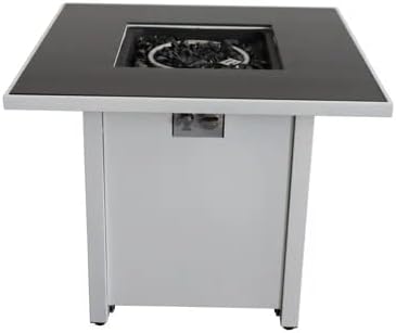 30 Inches White Metal Fire Pit with Powder-Coated Finish & Smoked Glass Top – Outdoor Patio Heating Solution, Elegant & Durable Design (1 Doors)