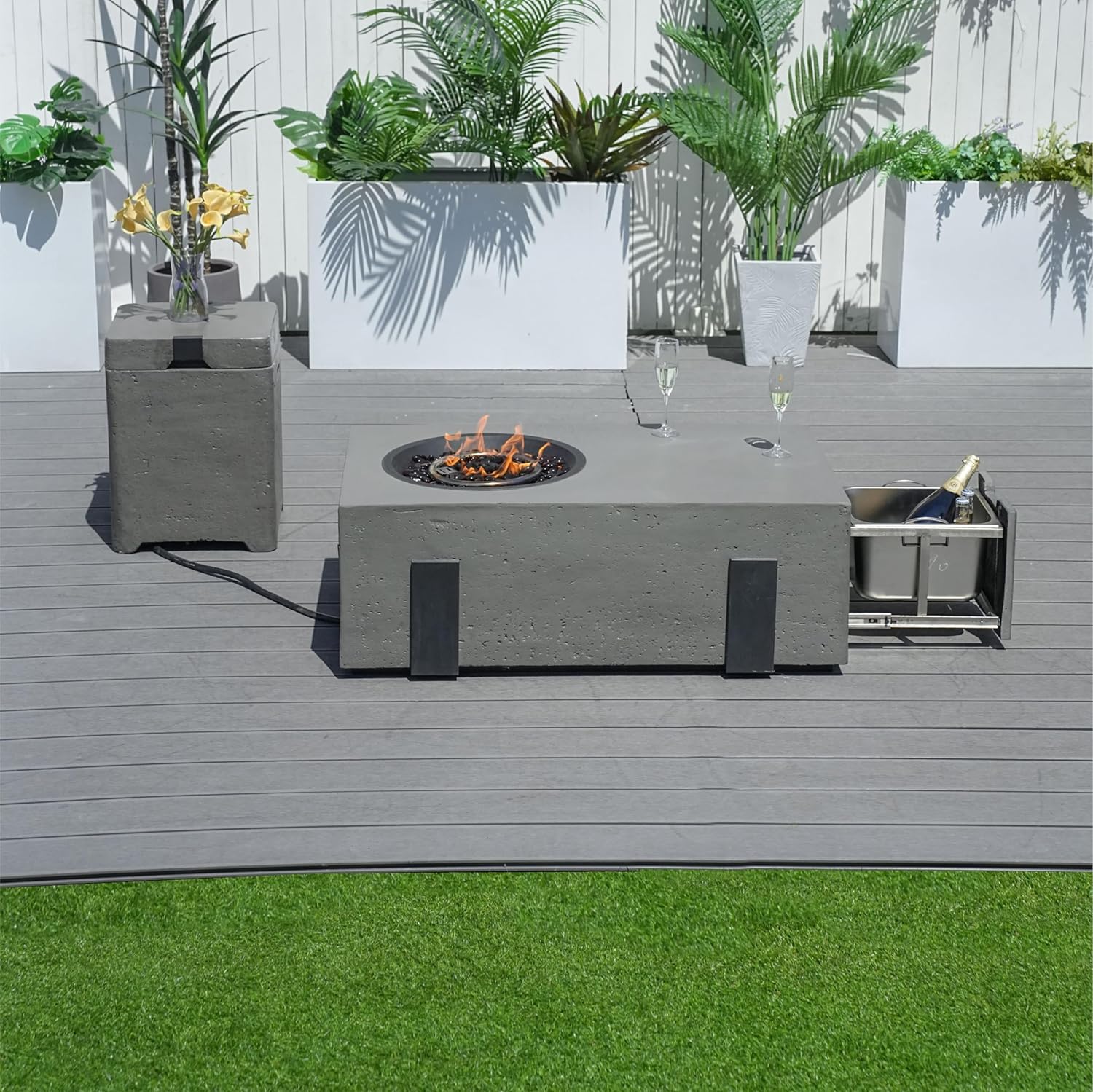 2 Piece 42-Inch Outdoor Fire Pit Table with 40,000 BTU Propane Gas, 3 in 1 Fire Pit, Baking Sheet, Wind Guard & 16-Inch Tank Side Table for Garden, Backyard, Deck & Pool, Grey