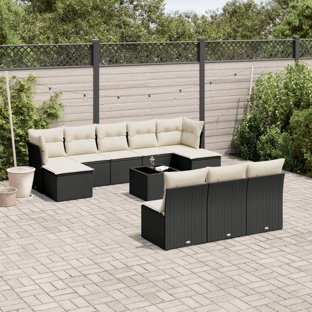 11 Piece Garden Sofa Set with Black Rattan Frame and Cream White Cushions, Modular Outdoor Furniture for Patio Balcony, Durable Weather-Resistant Lounge Seating with Storage