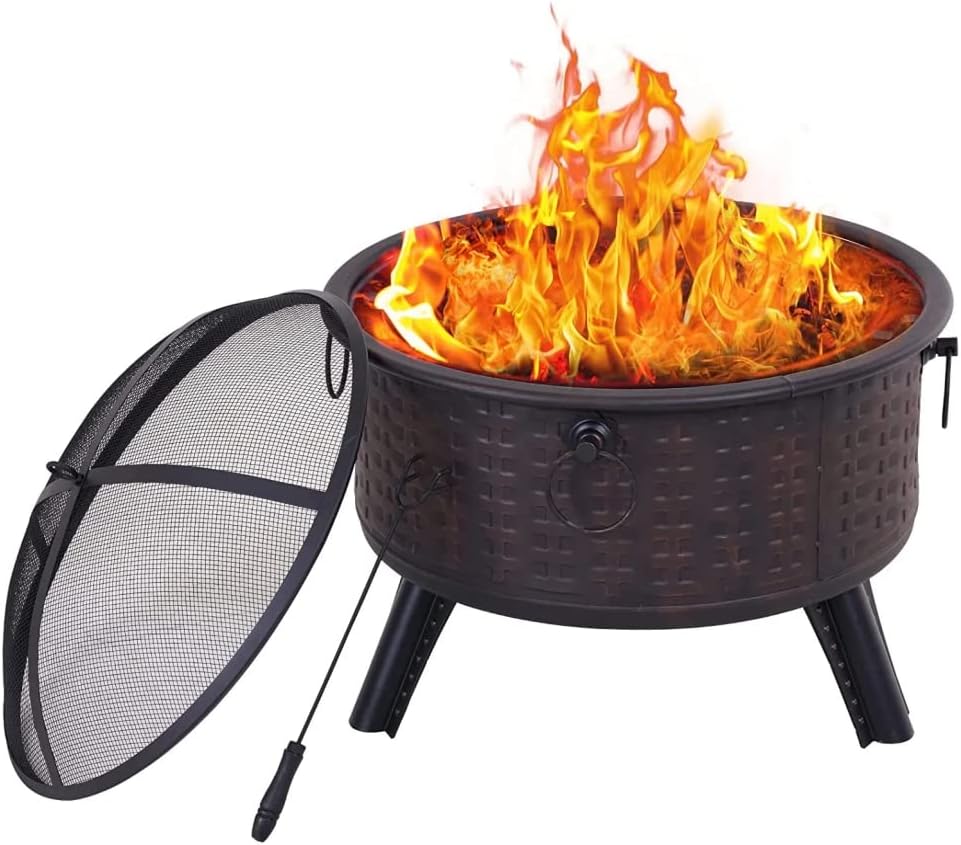 OCMC 26 Inch Fire Pit Wood Burning Bonfire Pit with Spark Screen for Patio Camping Backyard Deck Picnic Porch