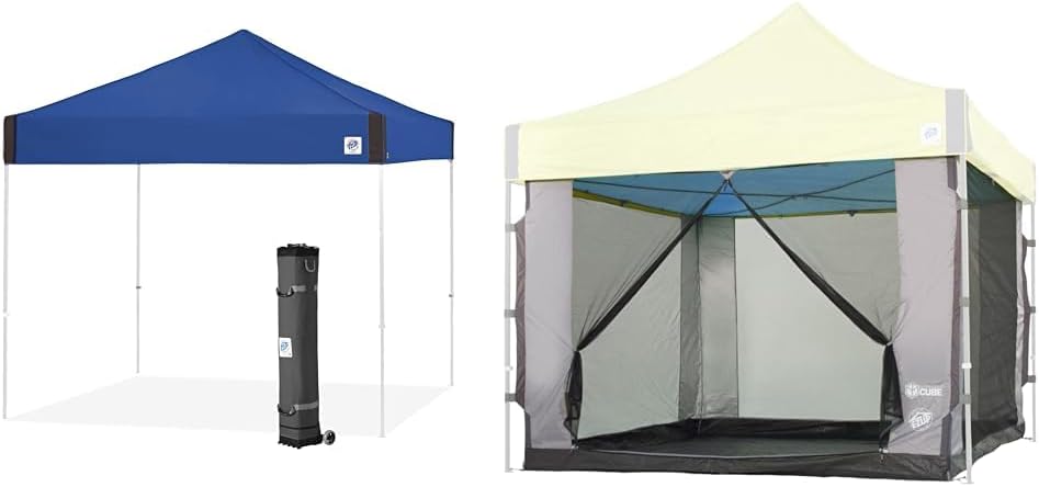 E-Z UP 10' x 10' Pyramid Instant Shelter Canopy with Roller Bag & Spike Set Bundle with 10' x 10' Cube Mesh Screen Room