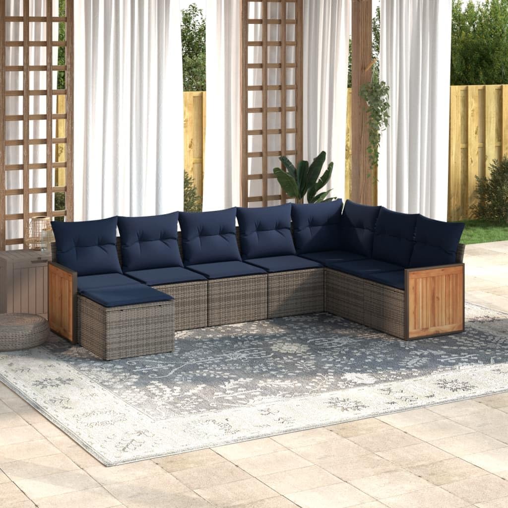 8 Piece Garden Sofa Set with Cushions, Grey Poly Rattan Outdoor Furniture, Modular Patio Seating for Backyard Terrace