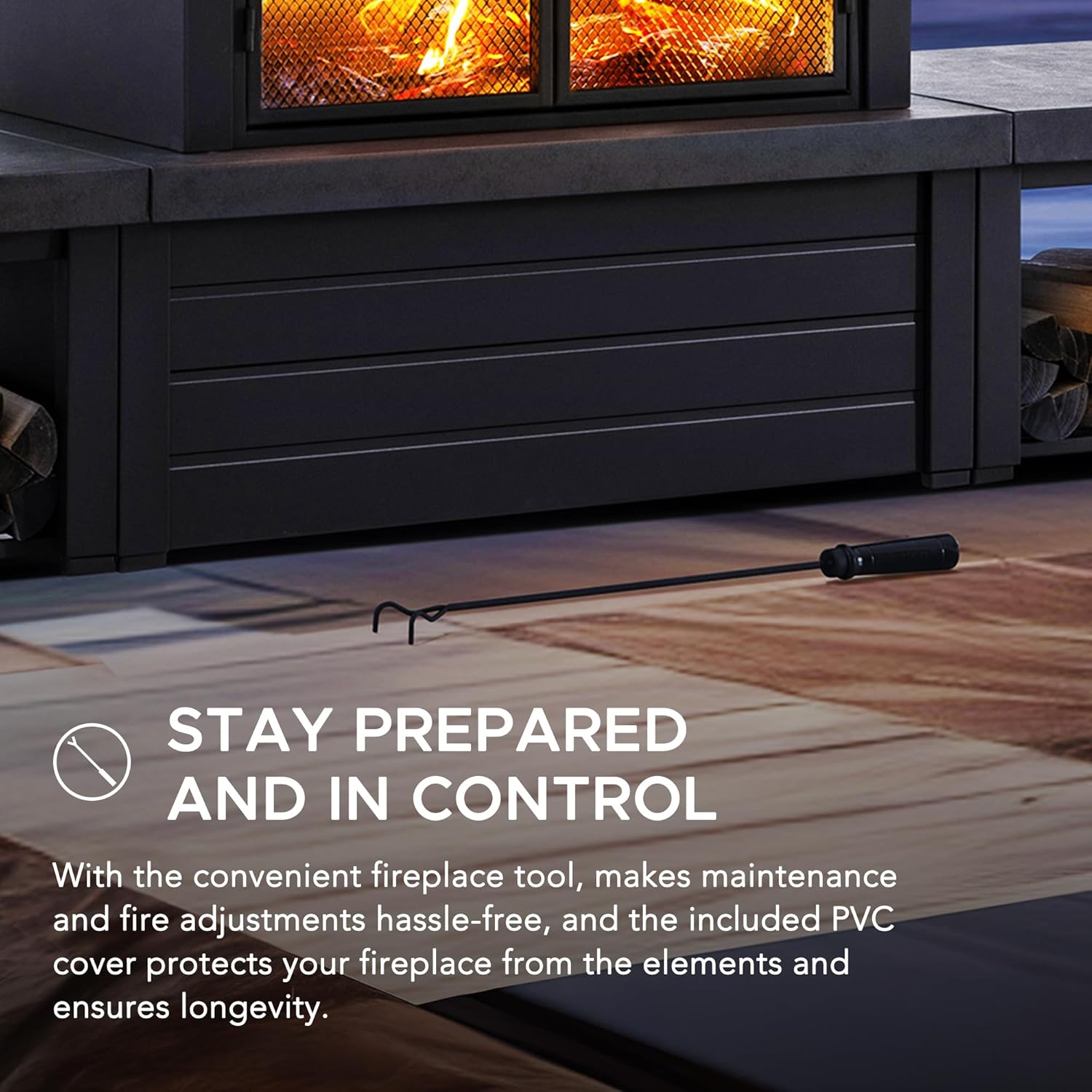 SUNJOY Outdoor Fireplace with Wood Storage and Chimney, Steel Wood Burning Firepit with Mesh Spark Screen Door, Fire Poker, Fireplace Tool & PVC Cover, for Patio Garden Deck Backyard, Black/Dark Gray