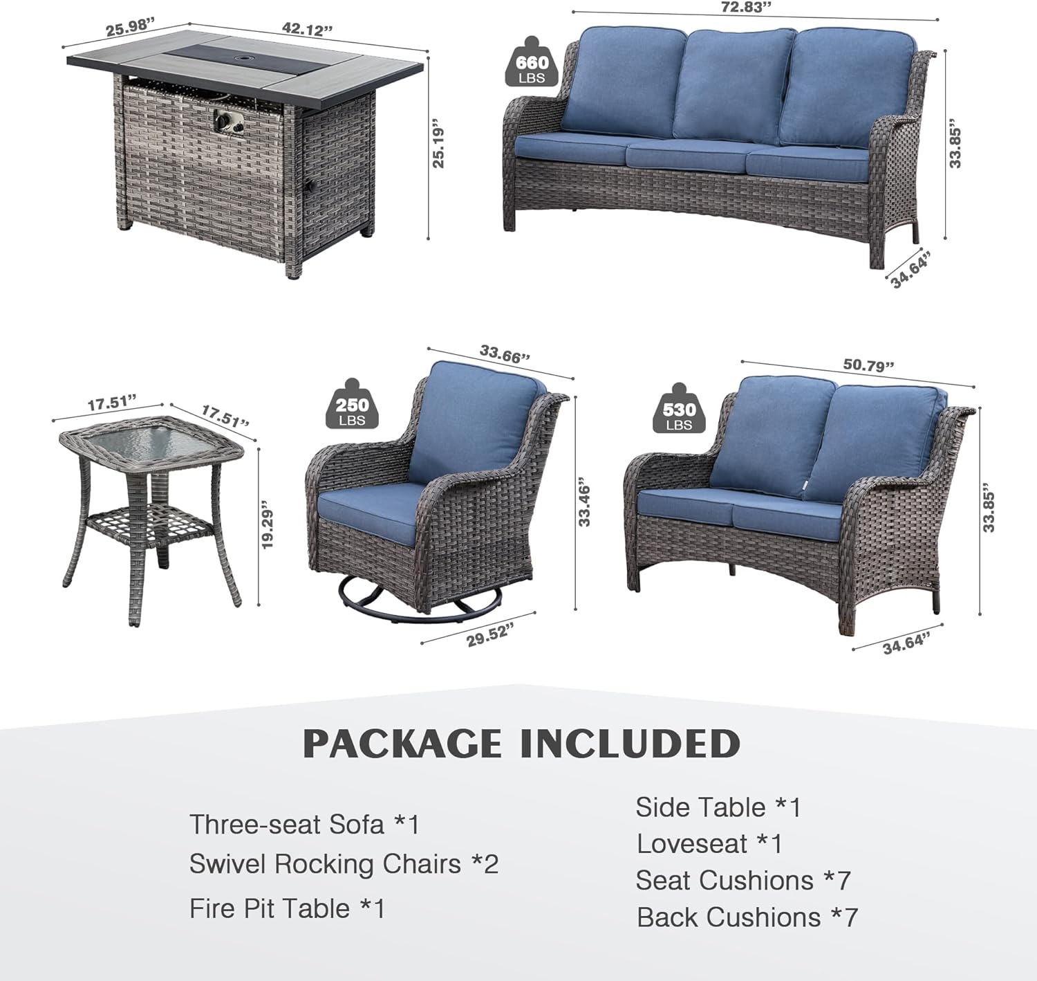 HOOOWOOO Patio Outdoor Furniture with Fire Pit Table,High Back 6 Piece Wicker Patio Conversation Set with Swivel Chairs,7 Person Couch Sofa Seating,Denim Blue