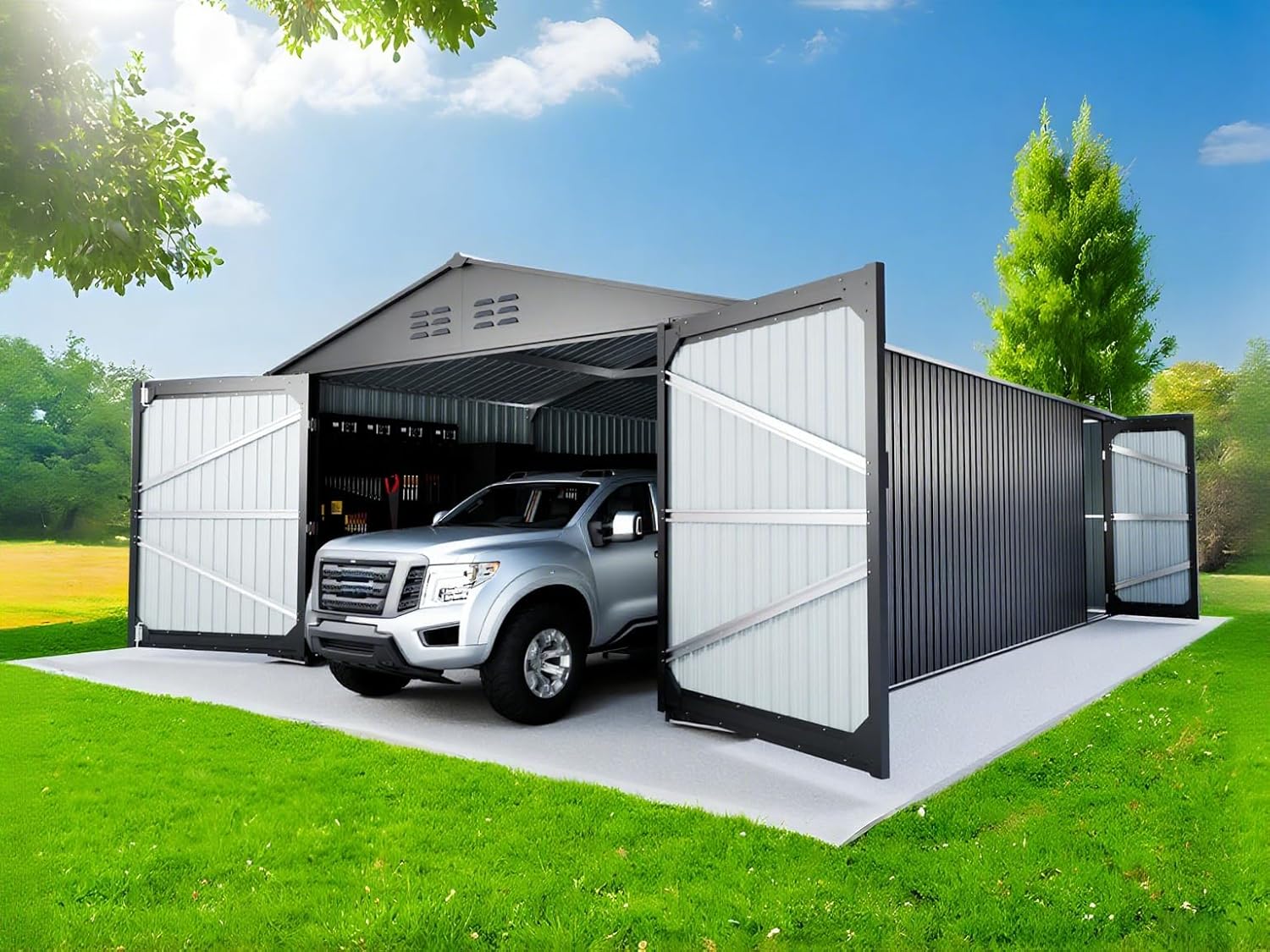 20 x 13 FT Outdoor Storage Shed, Metal Garage Shed with 2 Lockable Doors, Large Metal Building with 4 Air Vents, Galvanized Steel Prefab Storage House for Car, Truck, Bike, Tool, Black (Upgrade)