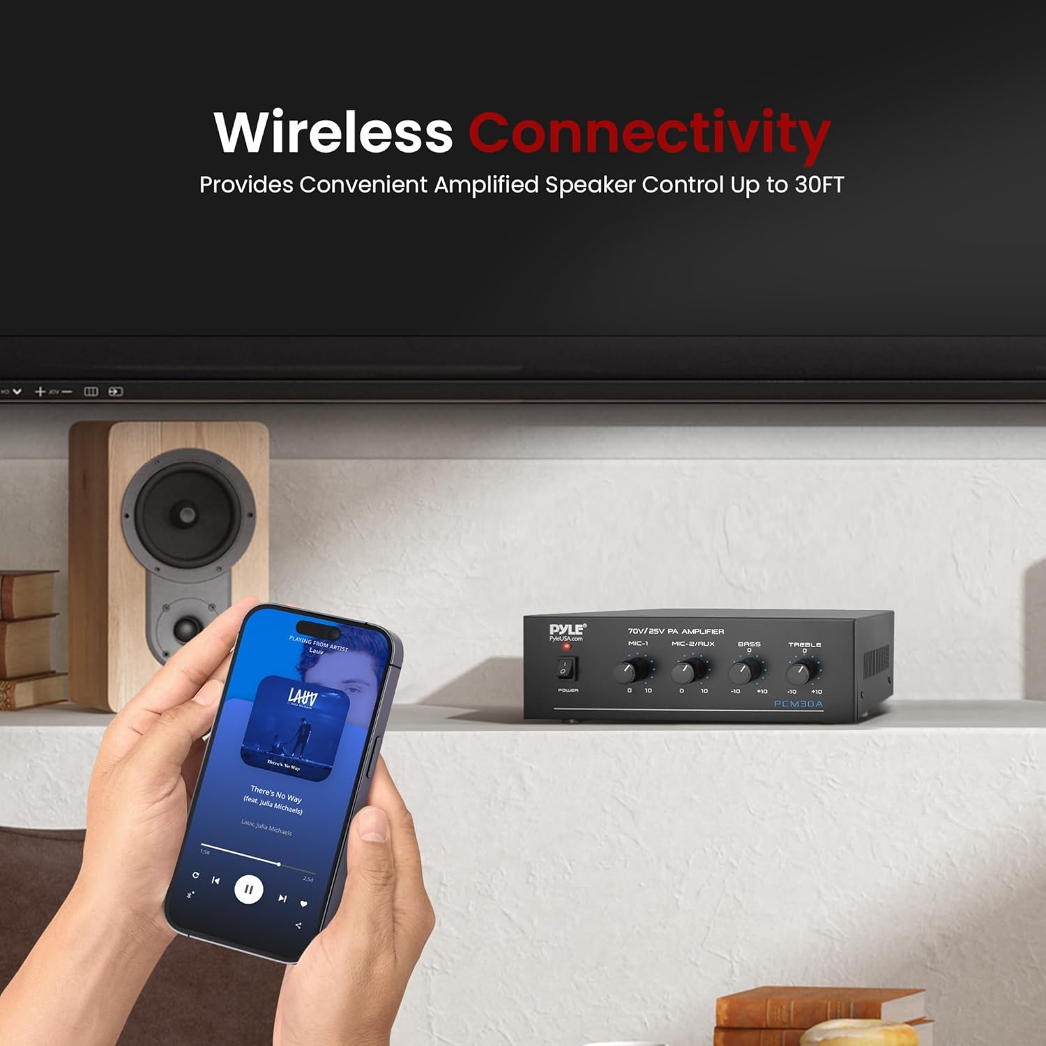 Pyle Compact Mini Home Power Amplifier - 60W Public Address System w/ RCA, 2 Microphone IN, 25/70 Volt Outputs, LED, Input Selector, Mic Talkover, Telephony, Music On Hold - PCM30A