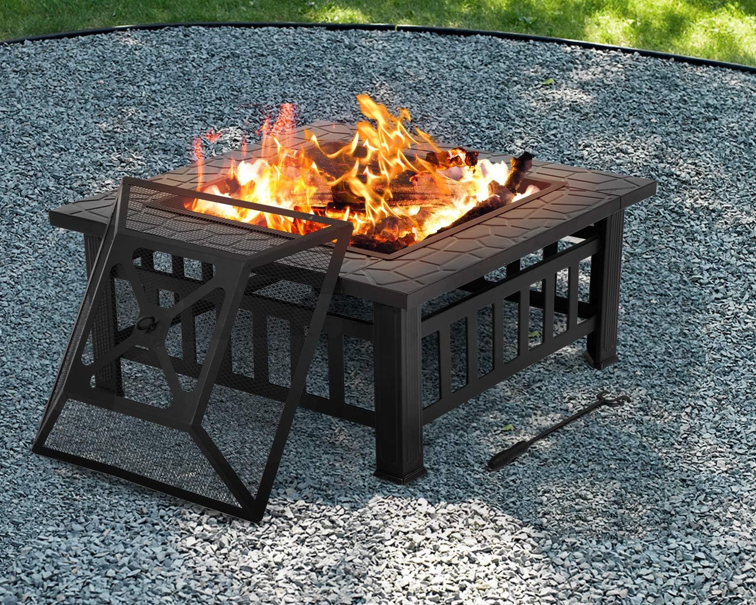 Outdoor Fire Pit 32 inch Square Metal Firepit for Patio Wood Burning Fireplace Garden Stove with Poker & Mesh Cover,Charcoal Rack for Camping Picnic Bonfire Backyard