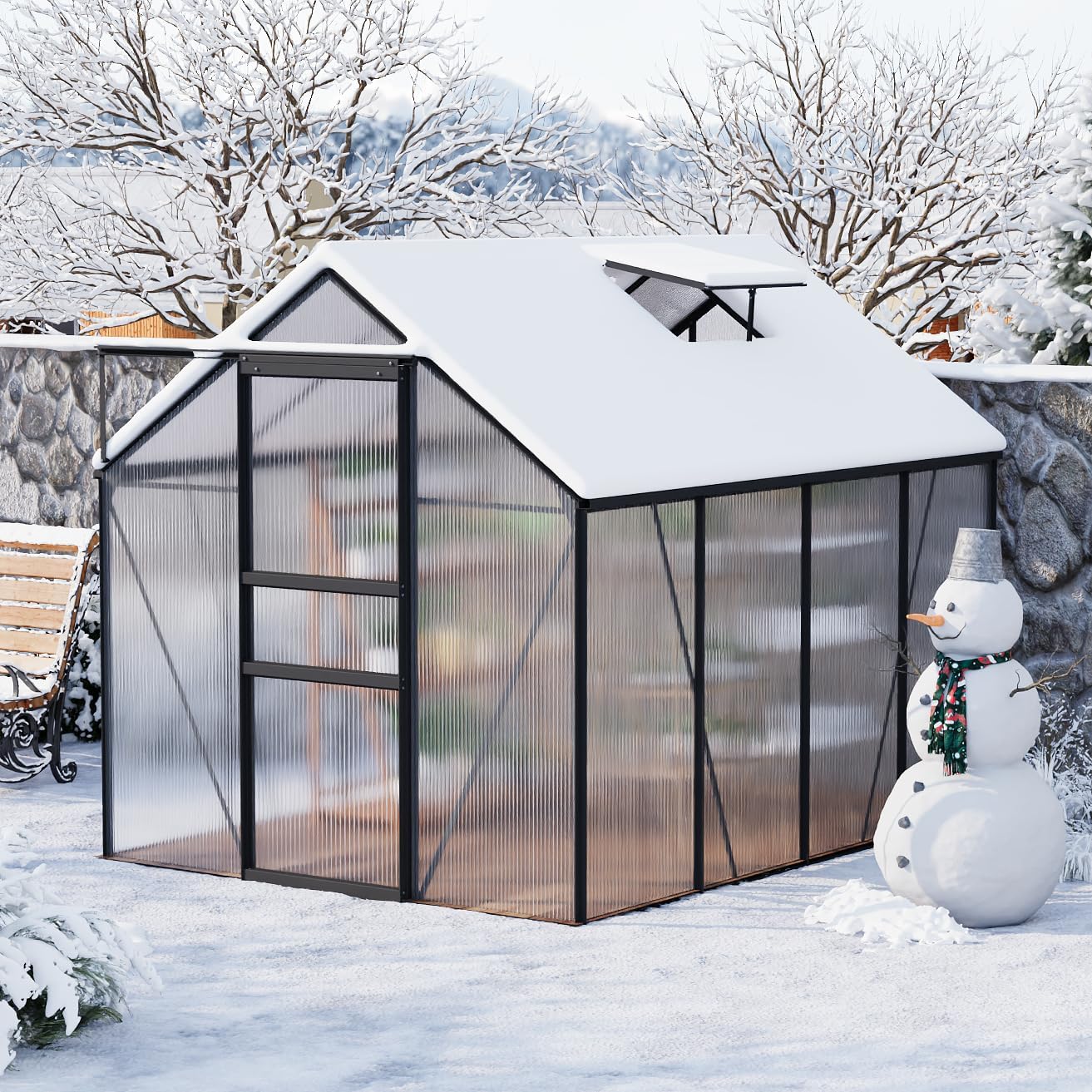 GarveeHome 6 x 8 FT Polycarbonate Greenhouse, Winter Greenhouses for Outdoors with Aluminum Frame, Sliding Door, Adjustable Roof Vent, Backyard Green Houses, Patio Garden, Black