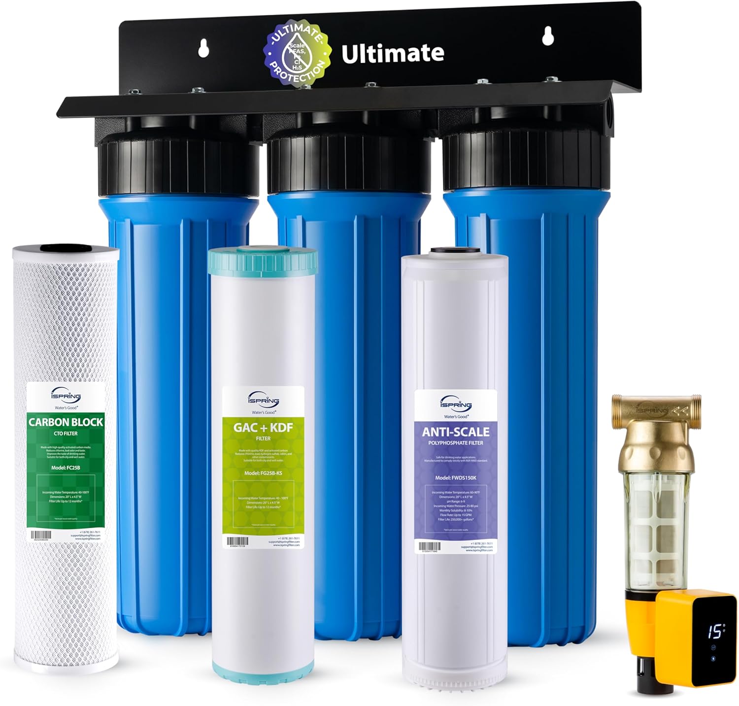 iSpring Whole House Water Filter System w/Auto-Flushing Spin Down Sediment Filter, Water Descaler, GAC+KDF, and Carbon Block Filter, WGB32B-KDS+WSP50ARB