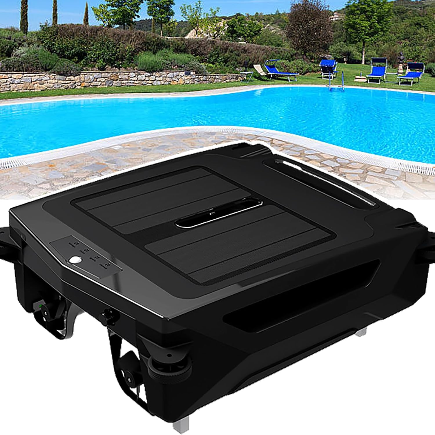 Solar Powered Robotic Pool Skimmer with Dual Charging Options and 5-Hour Continuous Cleaning Battery Power, Shallow Water Safeguard, Automatic Robotic Pool Cleaner 100㎡