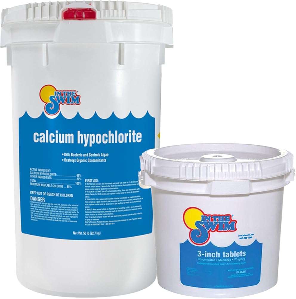 In The Swim Chlorine and Shock Bundle for Sanitizing Swimming Pools – Includes 25 Pound Bucket of 3 Inch Stabilized Chlorine Tablets and 50 Pound Bucket of 68% Cal-Hypo Pool Shock