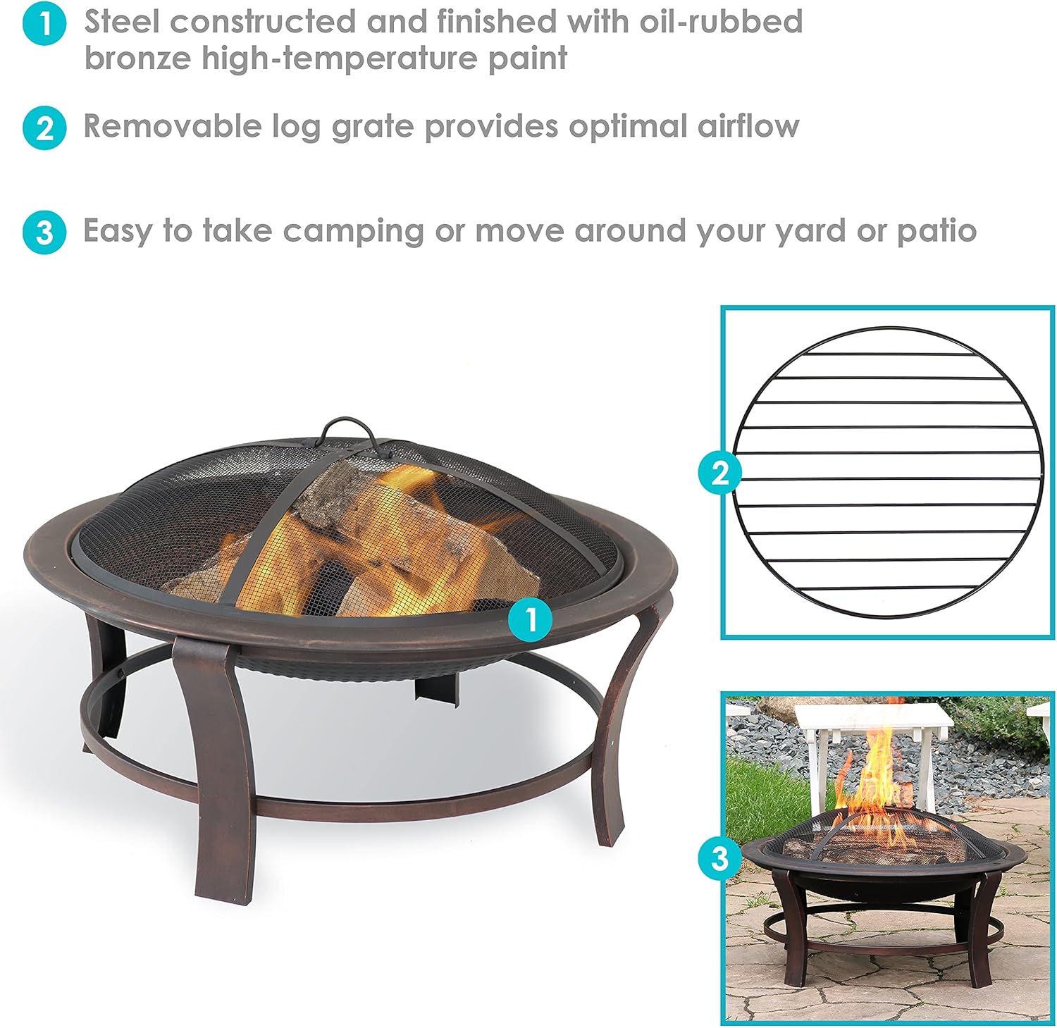 Sunnydaze 29-Inch Elevated Wood-Burning Fire Pit Bowl with Stand - Includes Spark Screen, Wood Grate, and Poker