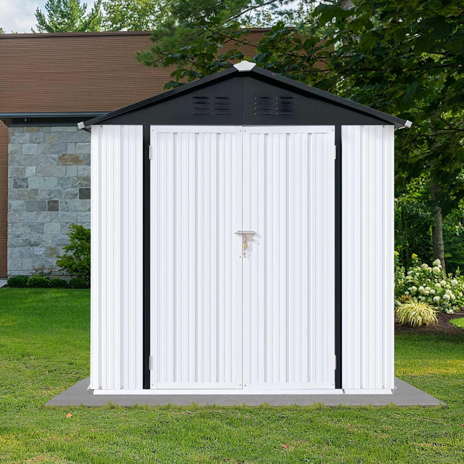 73” Outdoor Storage Cabinet with Lockable Door, 4FTx6FT Metal Storage Shed for Patio Garden, Apex Roof, Easy Assembly (Black)