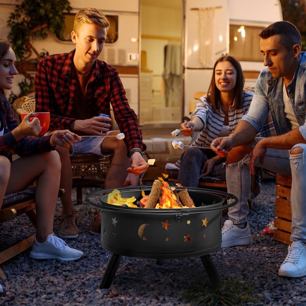 30 Inch Fire Pit, Wood Burning Fire Pits for Outside with Spark Screen and Poker, Outdoor Firepit, for Backyard, Porch, Camping, Picnic, Heating (Black)