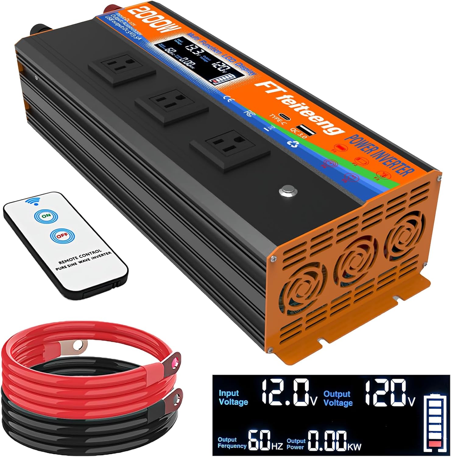 2000W Power Inverter 12v DC to 110v 120v AC with Remote 3 AC Outlets, USB Port, Dual Smart Fans, Cables Included LCD Display Power Inverter for Vehicle for Rv Truck Camping & Home Emergency Use