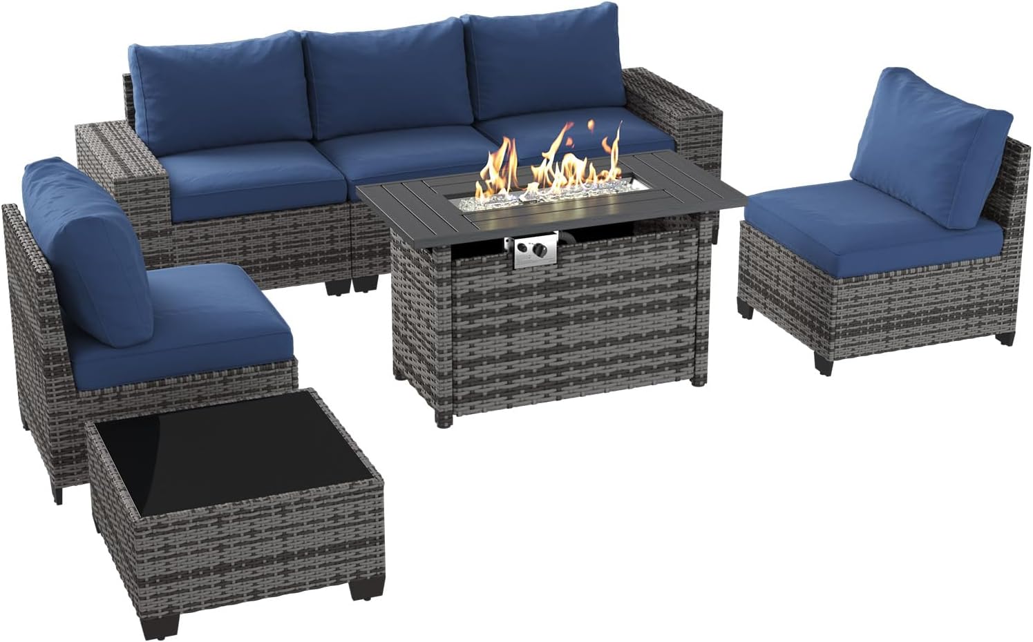 Aoxun Outdoor Patio Furniture Set with 44'' Fire Pit Table, 7 Pcs Outdoor Patio Furniture Sets with 4in Thicken Cushion, Widen Armrests Wicker Outdoor Sectional for Backyard (Waterproof Cover Include)