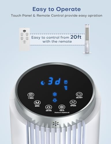 42 INCH Evaporative Air Cooler w/Remote &LED Touch Screen, 4 Mode &3 Speed, 1-Gal Tank for 15H Cooling, 12H Timer for Auto Off, 70°Oscillation Portable Swamp Cooler, Air Cooler for Room Patio