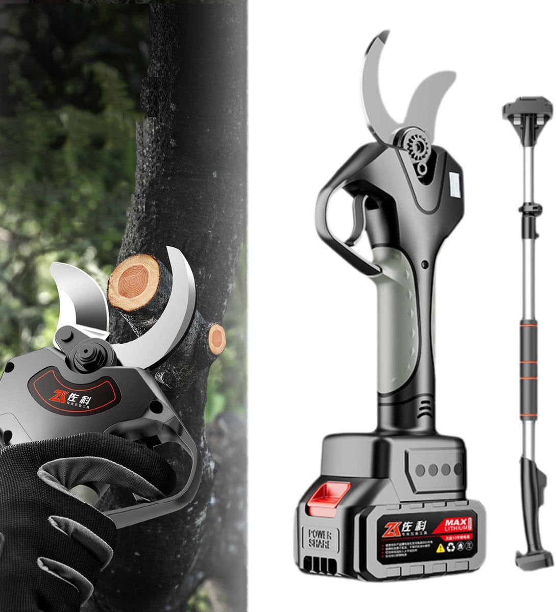Cordless Pruning Shears, Electric Garden Shears, Electric Pruning Shears, 4.5 Cutting Diameter, with 2.1M High Reach Extension Pole,for Tree Trimming 银色开口6.0厘米+2节电池+延长杆