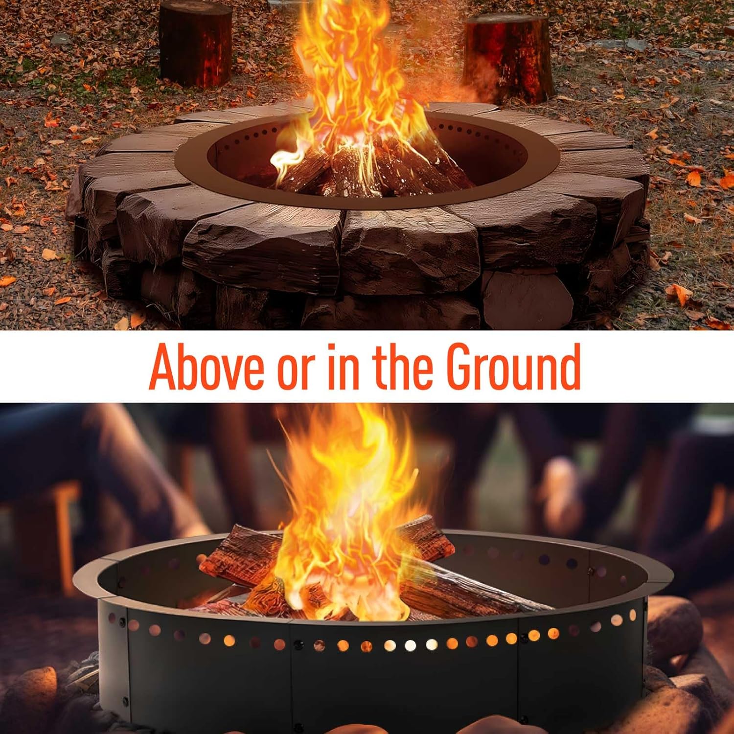 2 Pack Outdoor Smokeless Fire Pit Ring Liner 40-Inch Outer/36-Inch Inner Diameter, Heavy Duty Metal Steel Round Firepit Rim Insert for Outside DIY Campfire Ring Above or In-Ground